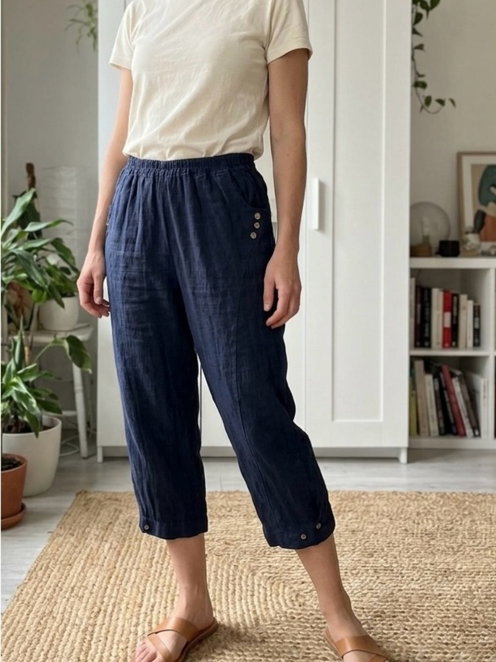 Cropped Navy 100% Linen Elastic Waist Capris médium Cherishh Brand made in Italy